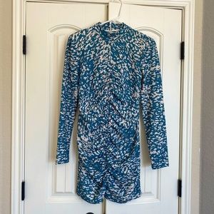 Long sleeve, high neck line, scrunched mini dress